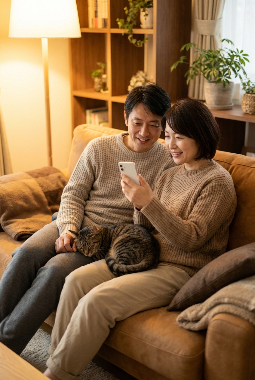 夫婦でリビングの猫と一緒にくつろぐ