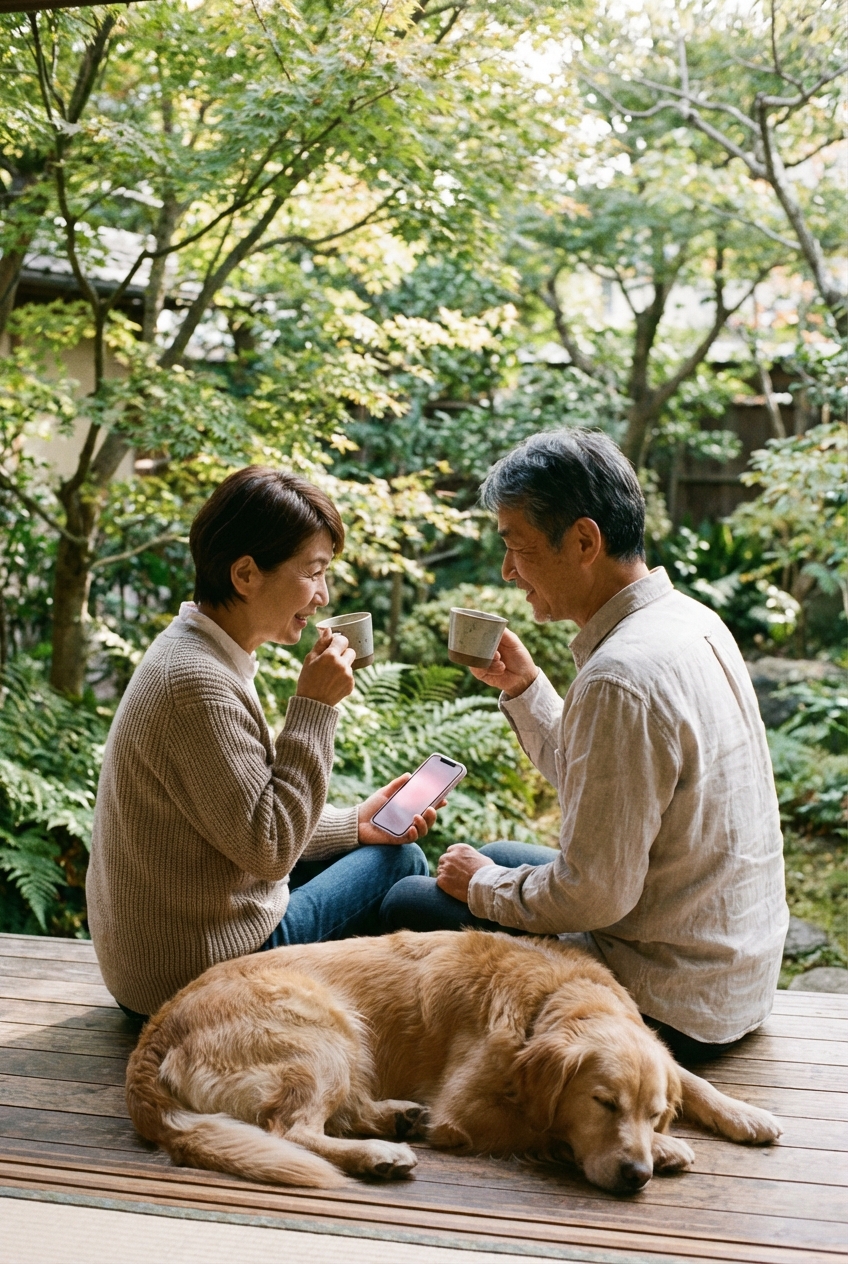 庭のウッドデッキで犬と過ごす夫婦