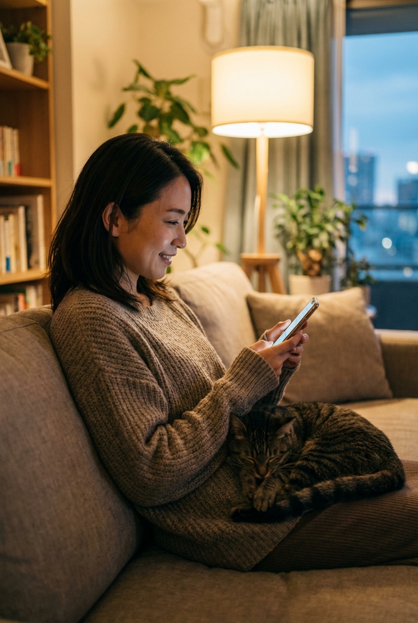 猫と一緒にソファで